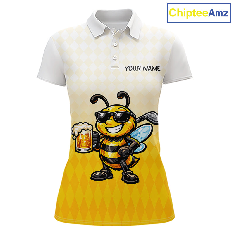 Funny Bee Golf Polo Shirt For Women, Cute Bee With Beer Print Shirt, Sporty Animal Golf Gift|Yellow NBT663