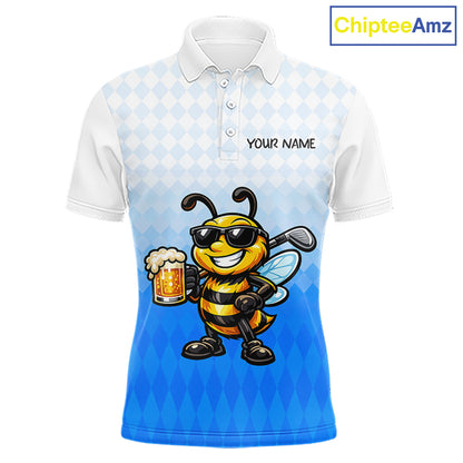 Funny Bee Golf Polo Shirt For Men, Cute Bee With Beer Print Shirt, Sporty Animal Golf Gift|Blue NBT664