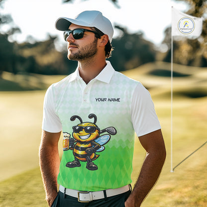 Funny Bee Golf Polo Shirt For Men, Cute Bee With Beer Print Shirt, Sporty Animal Golf Gift|Green NBT665