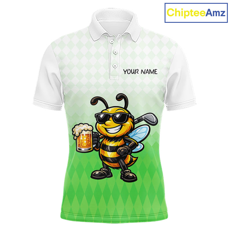 Funny Bee Golf Polo Shirt For Men, Cute Bee With Beer Print Shirt, Sporty Animal Golf Gift|Green NBT665