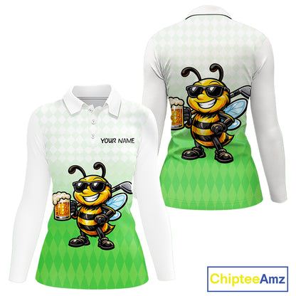 Funny Bee Golf Polo Shirt For Women, Cute Bee With Beer Print Shirt, Sporty Animal Golf Gift|Green NBT665