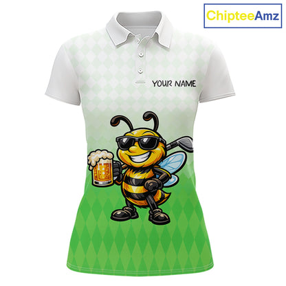 Funny Bee Golf Polo Shirt For Women, Cute Bee With Beer Print Shirt, Sporty Animal Golf Gift|Green NBT665