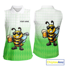 Load image into Gallery viewer, Funny Bee Sleeveless Golf Polo Shirt For Women, Cute Bee With Beer Print Shirt, Sporty Animal Golf Gift|Green NBT665