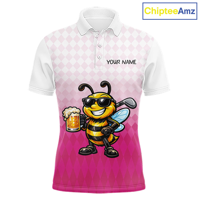 Funny Bee Golf Polo Shirt For Men, Cute Bee With Beer Print Shirt, Sporty Animal Golf Gift|Pink NBT666