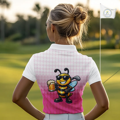 Funny Bee Golf Polo Shirt For Women, Cute Bee With Beer Print Shirt, Sporty Animal Golf Gift|Pink NBT666