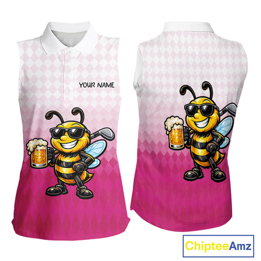 Funny Bee Sleeveless Golf Polo Shirt For Women, Cute Bee With Beer Print Shirt, Sporty Animal Golf Gift|Pink NBT666