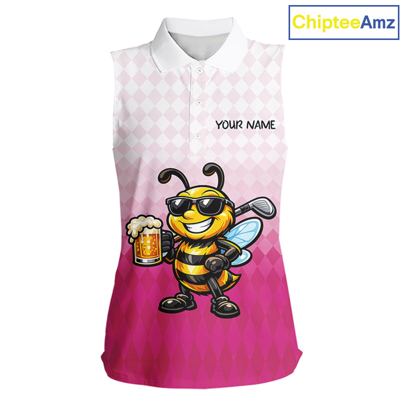 Funny Bee Sleeveless Golf Polo Shirt For Women, Cute Bee With Beer Print Shirt, Sporty Animal Golf Gift|Pink NBT666