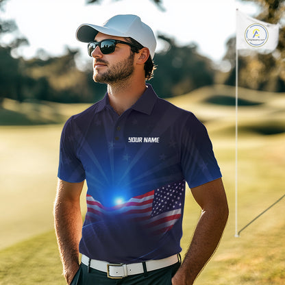 Man on a golf course wearing a blue polo shirt with an American flag design and 'Your Name' text.