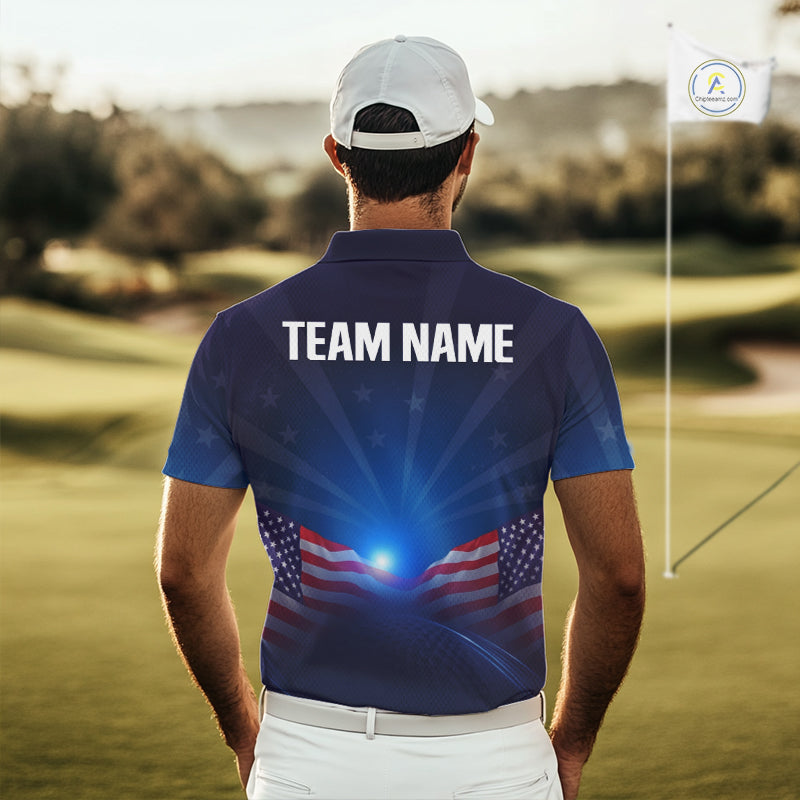 Man wearing a blue polo shirt with an American flag design and 'TEAM NAME' text on a golf course.