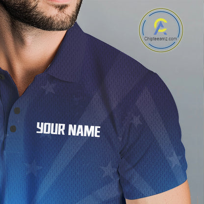Blue polo shirt with 'YOUR NAME' text on a blue background.