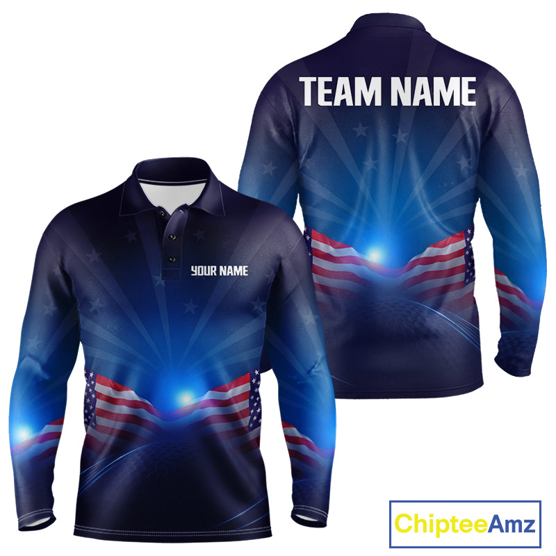 Navy long-sleeve shirt with American flag design and customizable text on a blue background