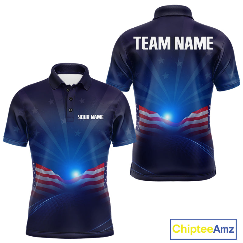 Navy blue polo shirt with American flag design on a white background,
