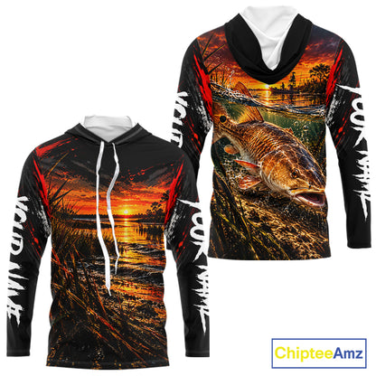 Custom Redfish Long Sleeve Hooded Tournament Fishing Shirts, Redfish Saltwater Fishing Jerseys NBT1222
