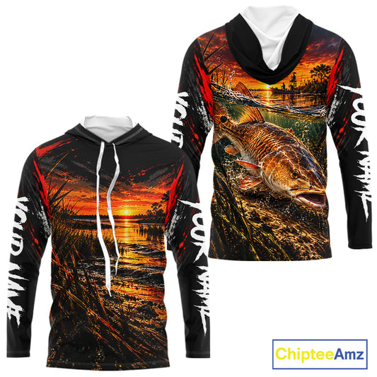 Custom Redfish Long Sleeve Hooded Tournament Fishing Shirts, Redfish Saltwater Fishing Jerseys NBT1222