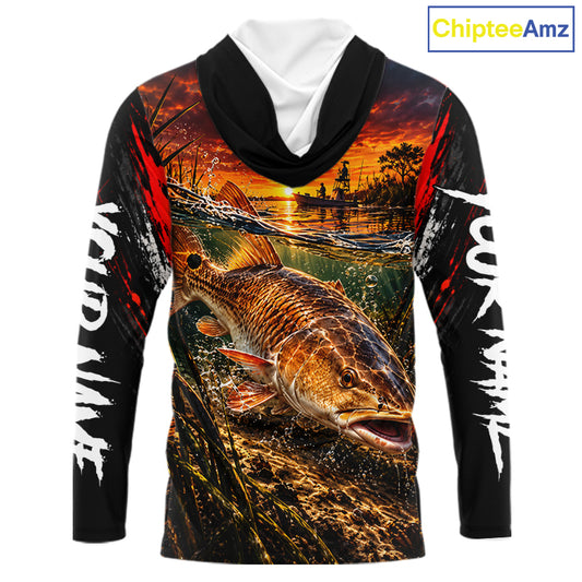 Custom Redfish Long Sleeve Hooded Tournament Fishing Shirts, Redfish Saltwater Fishing Jerseys NBT1222