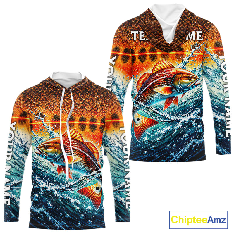Personalized Redfish Fishing Scales Long Sleeve Hooded Performance Fishing Team Shirts NBT1223