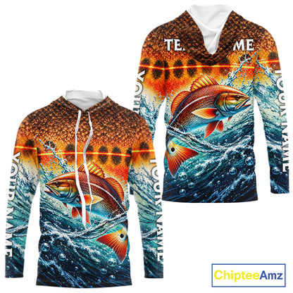 Personalized Redfish Fishing Scales Long Sleeve Hooded Performance Fishing Team Shirts NBT1223