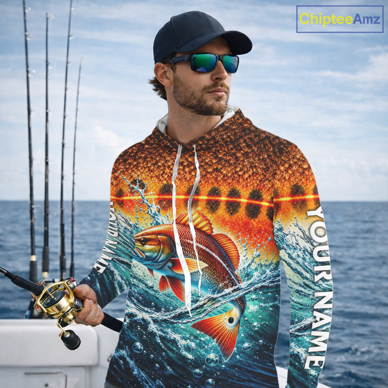 Personalized Redfish Fishing Scales Long Sleeve Hooded Performance Fishing Team Shirts NBT1223