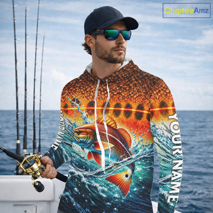 Personalized Redfish Fishing Scales Long Sleeve Hooded Performance Fishing Team Shirts NBT1223