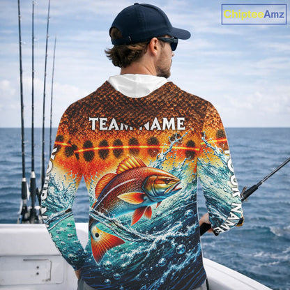 Personalized Redfish Fishing Scales Long Sleeve Hooded Performance Fishing Team Shirts NBT1223