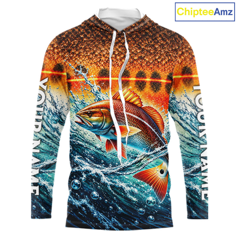 Personalized Redfish Fishing Scales Long Sleeve Hooded Performance Fishing Team Shirts NBT1223