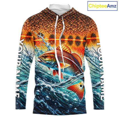 Personalized Redfish Fishing Scales Long Sleeve Hooded Performance Fishing Team Shirts NBT1223