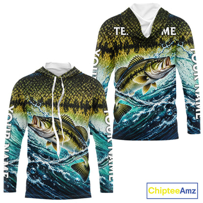 Personalized Bass Fishing Scales Long Sleeve Hooded Performance Fishing Team Shirts, Bass Fishing Jersey NBT1224