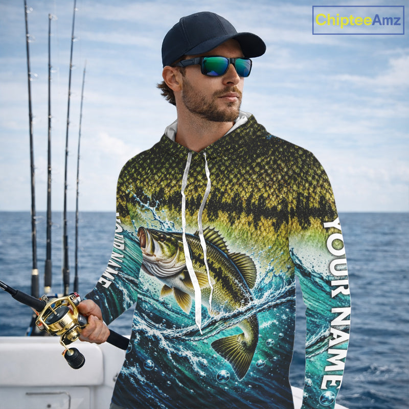 Personalized Bass Fishing Scales Long Sleeve Hooded Performance Fishing Team Shirts, Bass Fishing Jersey NBT1224