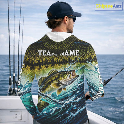 Personalized Bass Fishing Scales Long Sleeve Hooded Performance Fishing Team Shirts, Bass Fishing Jersey NBT1224
