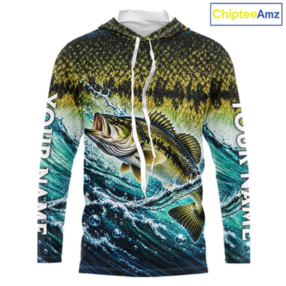 Personalized Bass Fishing Scales Long Sleeve Hooded Performance Fishing Team Shirts, Bass Fishing Jersey NBT1224