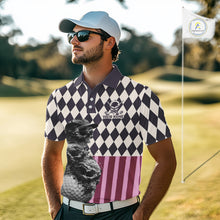 Load image into Gallery viewer, Golfer wearing custom black pink argyle skull golf polo shirt on the course