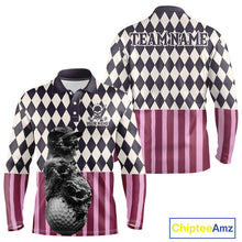 Load image into Gallery viewer, Golf polo shirt back design with black pink argyle pattern for men with custom name &amp; team name