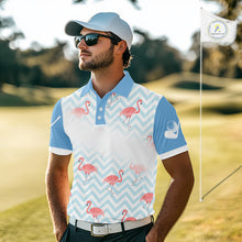 Load image into Gallery viewer, Golfer wearing funny blue and white flamingo golf polo shirt on the course