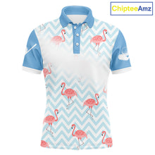 Load image into Gallery viewer, Custom flamingo golf polo shirt front design in blue and white 