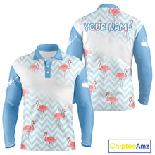 Load image into Gallery viewer, Custom flamingo long sleeve golf polo shirt front and back design in blue and white