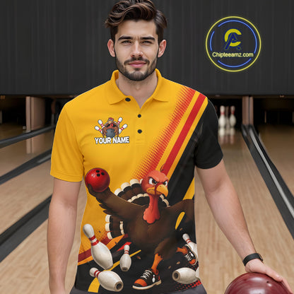 Custom Black Yellow Mens Bowling Polo & 1/4 Quarter Zip Shirts, Thanksgiving Bowling Team Jerseys NBT1012
