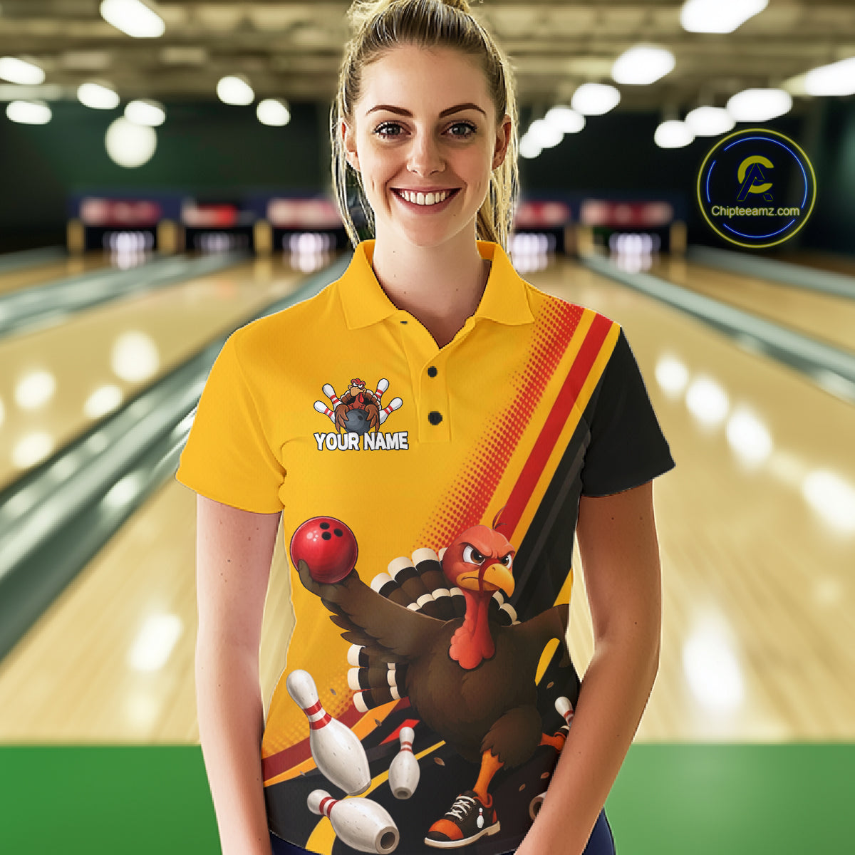 Custom Black Yellow Womens Bowling Polo & 1/4 Quarter Zip Shirts, Thanksgiving Bowling Team Jerseys NBT1012