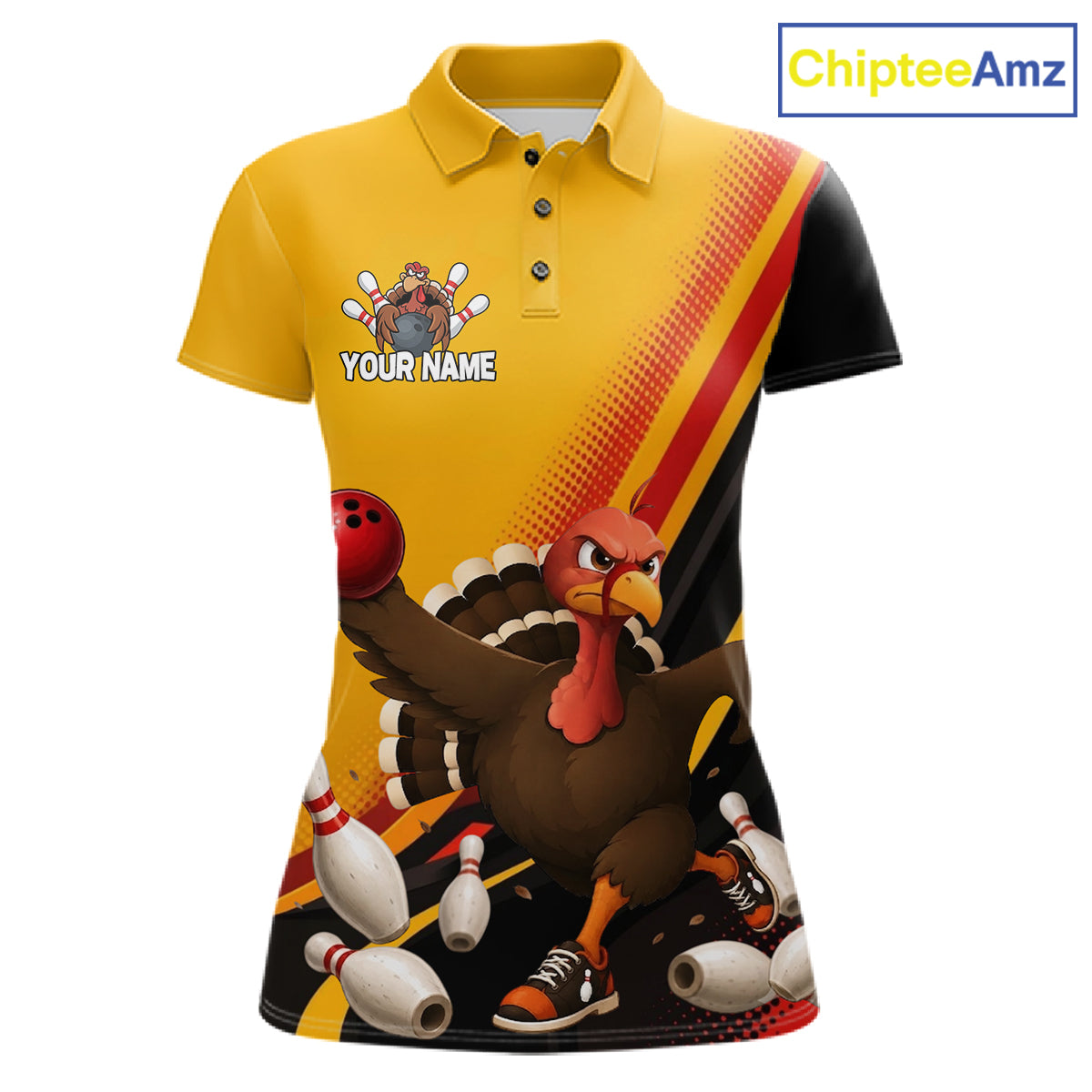Custom Black Yellow Womens Bowling Polo & 1/4 Quarter Zip Shirts, Thanksgiving Bowling Team Jerseys NBT1012