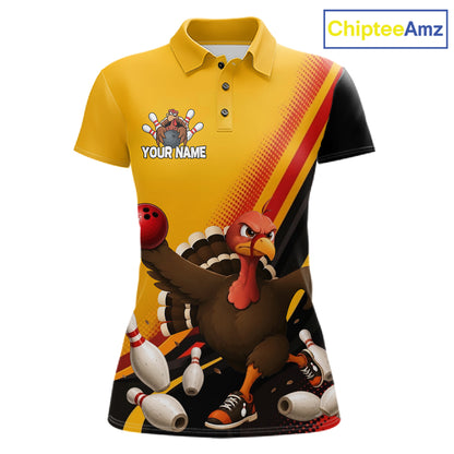 Custom Black Yellow Womens Bowling Polo & 1/4 Quarter Zip Shirts, Thanksgiving Bowling Team Jerseys NBT1012