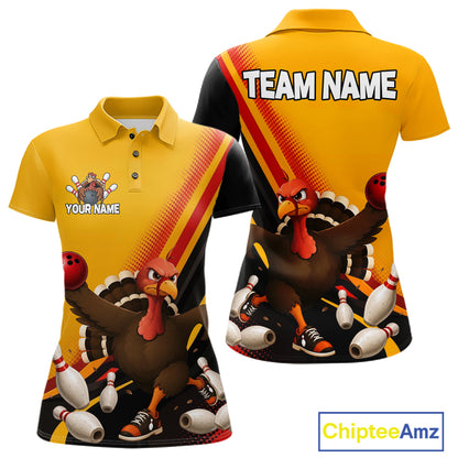 Custom Black Yellow Womens Bowling Polo & 1/4 Quarter Zip Shirts, Thanksgiving Bowling Team Jerseys NBT1012