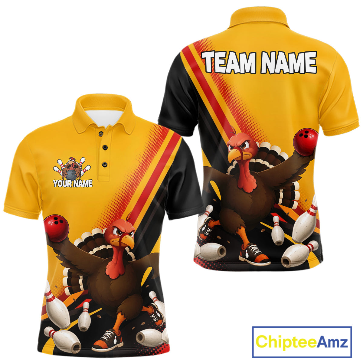 Custom Black Yellow Mens Bowling Polo & 1/4 Quarter Zip Shirts, Thanksgiving Bowling Team Jerseys NBT1012
