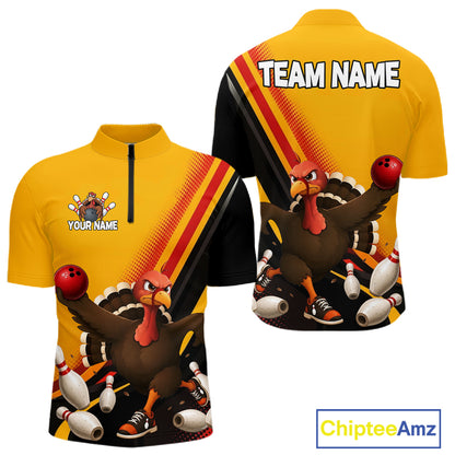 Custom Black Yellow Mens Bowling Polo & 1/4 Quarter Zip Shirts, Thanksgiving Bowling Team Jerseys NBT1012