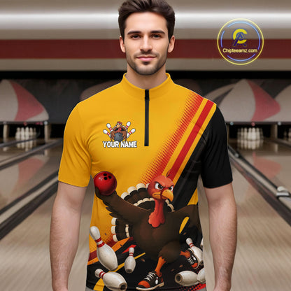 Custom Black Yellow Mens Bowling Polo & 1/4 Quarter Zip Shirts, Thanksgiving Bowling Team Jerseys NBT1012
