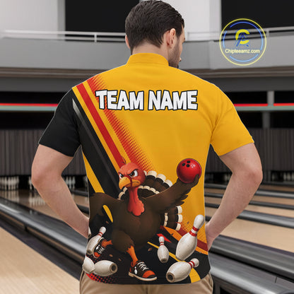 Custom Black Yellow Mens Bowling Polo & 1/4 Quarter Zip Shirts, Thanksgiving Bowling Team Jerseys NBT1012