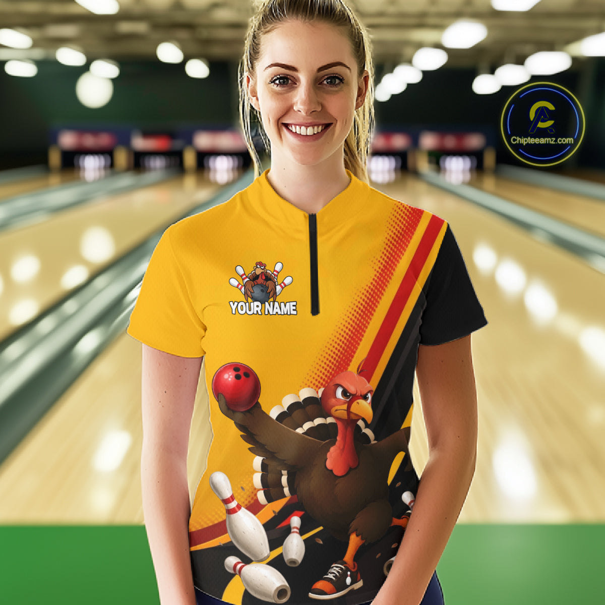 Custom Black Yellow Womens Bowling Polo & 1/4 Quarter Zip Shirts, Thanksgiving Bowling Team Jerseys NBT1012