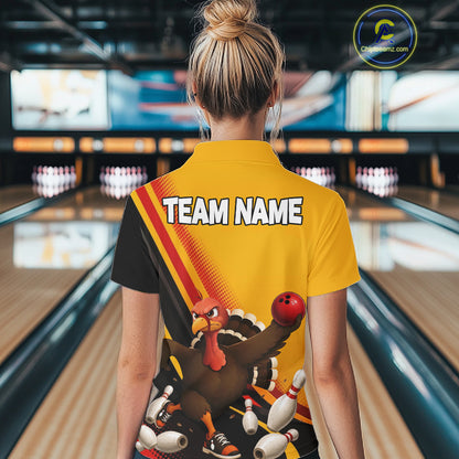 Custom Black Yellow Womens Bowling Polo & 1/4 Quarter Zip Shirts, Thanksgiving Bowling Team Jerseys NBT1012