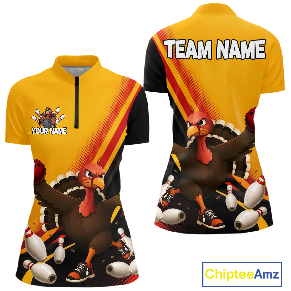 Custom Black Yellow Womens Bowling Polo & 1/4 Quarter Zip Shirts, Thanksgiving Bowling Team Jerseys NBT1012