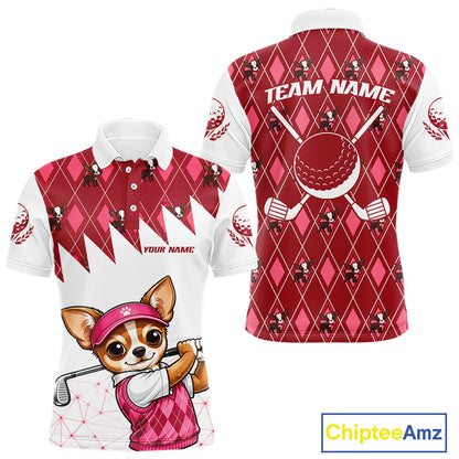 Funny Cute Dog Pink Argyle Pattern Mens Golf Polo Shirts, Dog Lover Golf Team Shirts NBT1013