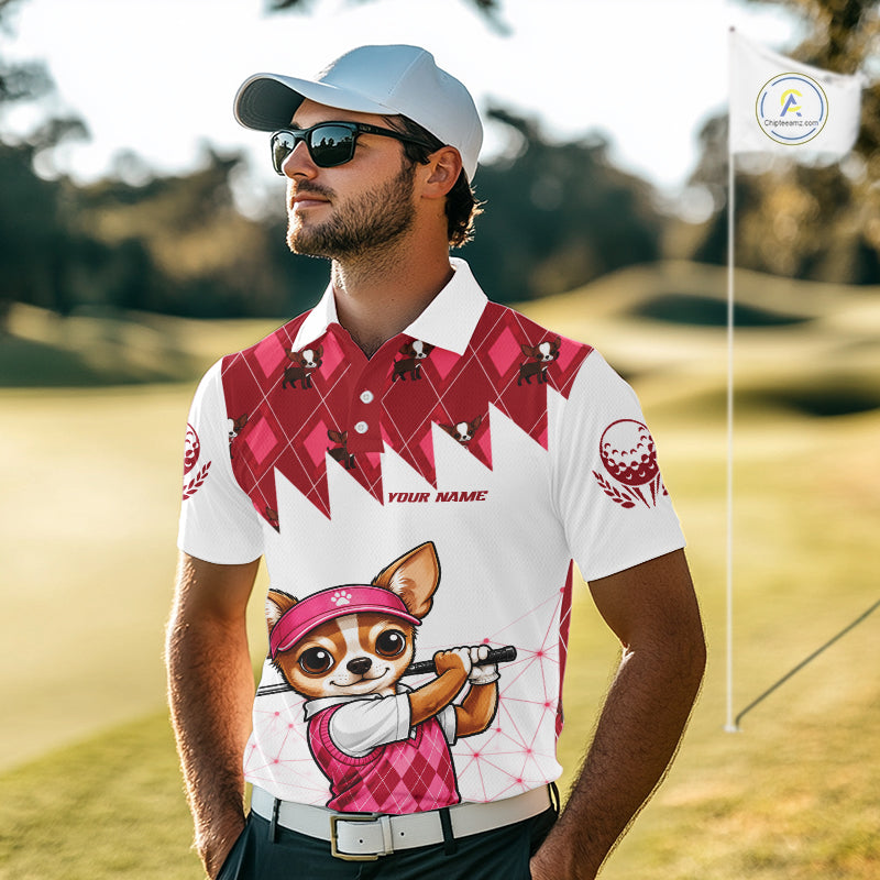Funny Cute Dog Pink Argyle Pattern Mens Golf Polo Shirts, Dog Lover Golf Team Shirts NBT1013