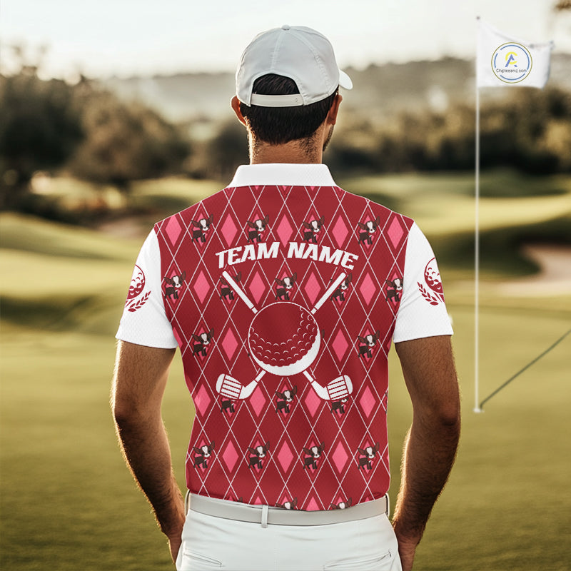 Funny Cute Dog Pink Argyle Pattern Mens Golf Polo Shirts, Dog Lover Golf Team Shirts NBT1013